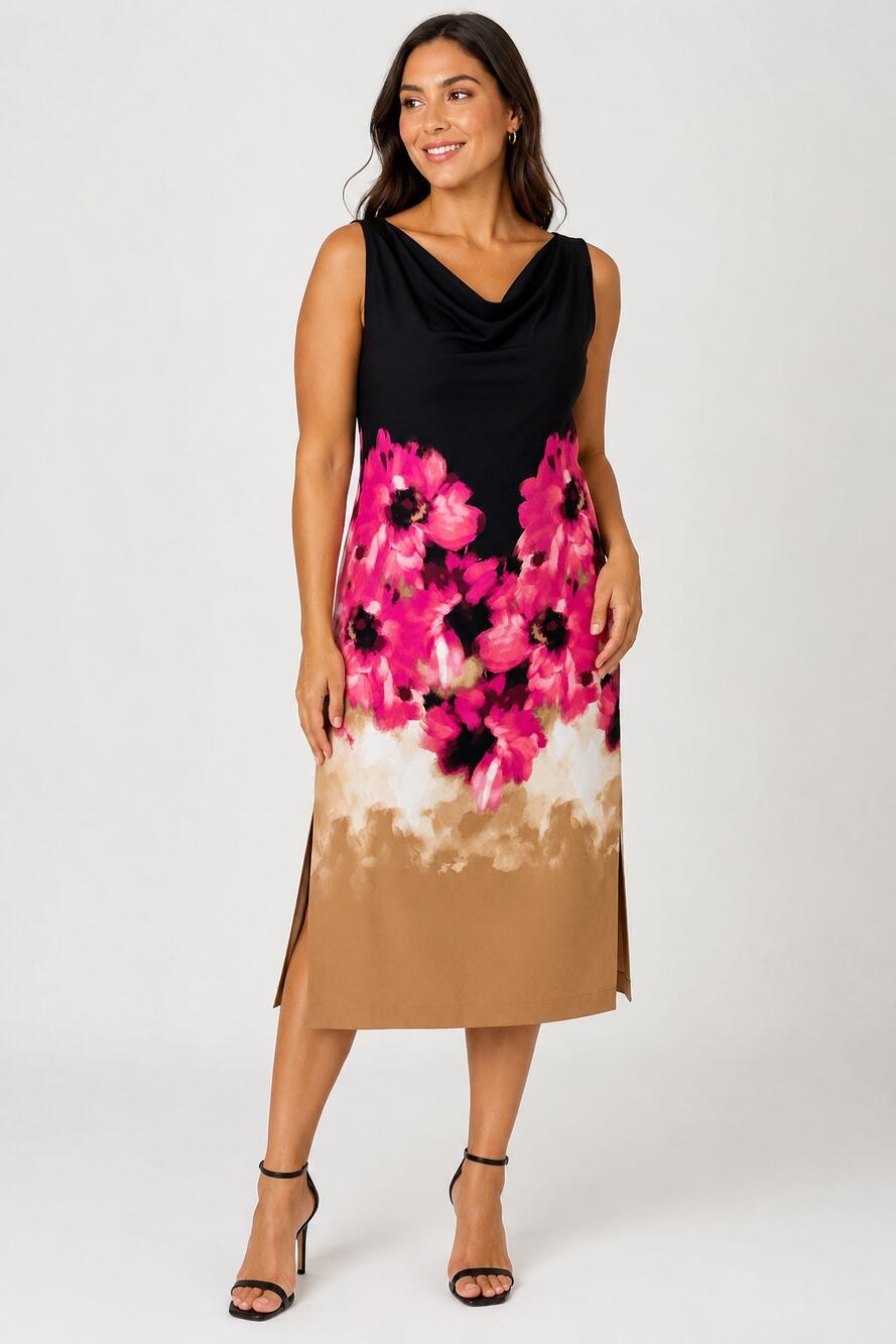 DKNY Floral Sleeveless Cowl Neck Midi Dress Black Pink Womens Size 10 New